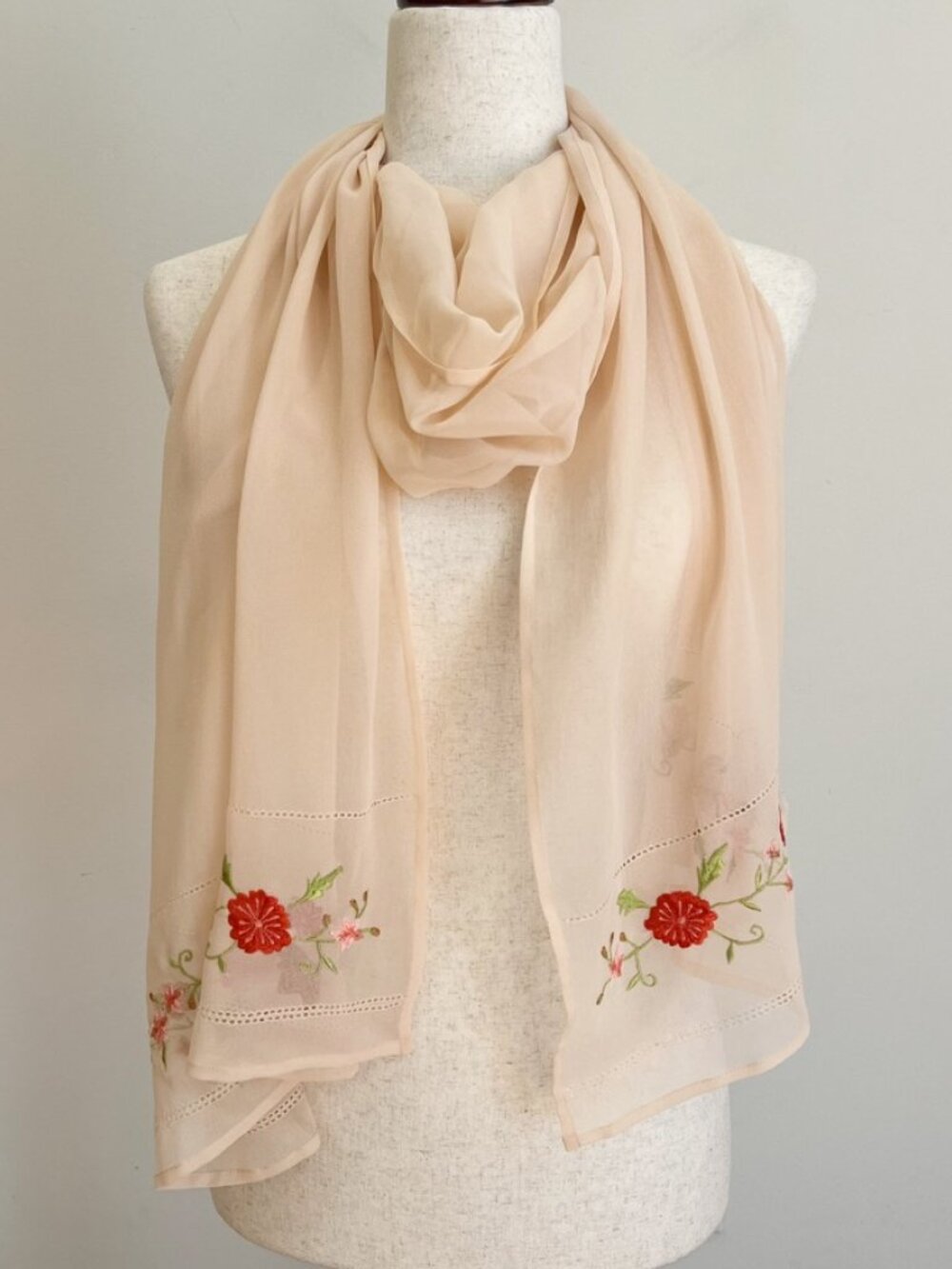 Echo Silk Scarf Womens Pink Peach Floral Embroidered Long Sheer Chiffon Luxury